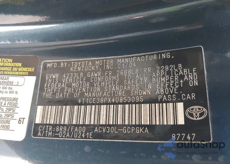 2004 Toyota Camry Solara Sle from USA, damaged, VIN 4T1CE38PX4U853095